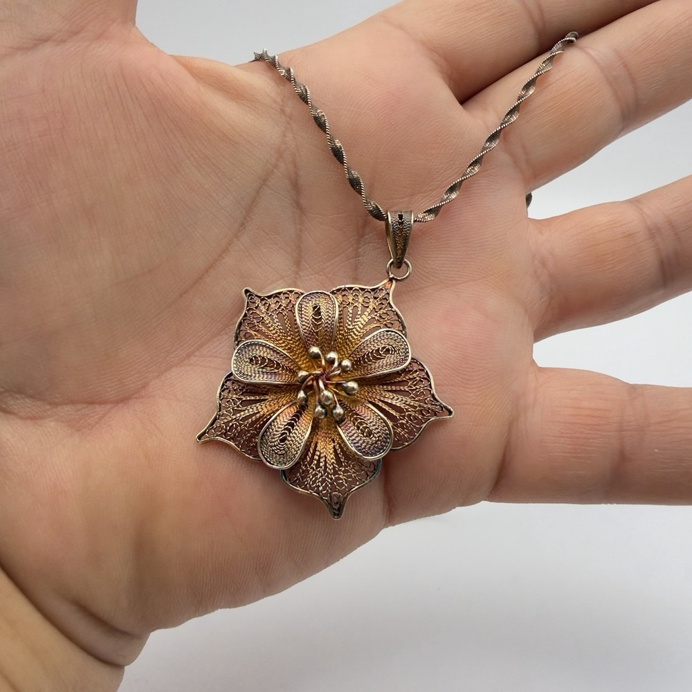 Vtg Sterling Silver Filigree Flower Pendant 925 Italy Chain Necklace Gold Wash